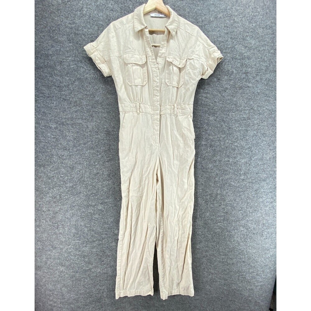 JustFab Jumpsuit Women S Small Beige Coollared Short Sleeve Straight Pockets